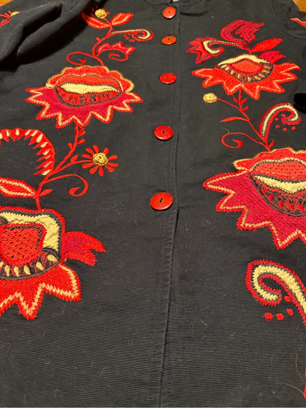 Vintage Bohemian Indigo Black Jacket with Red Floral Embroidery